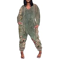 Jumpsuits For Women One Piece - Fashionable and Casual Plus Size V-Neck Long Sleeve Floral Rompers with Pockets