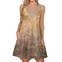 Summer Dresses for Women 2024 Trendy Lace V Neck Sleeveless Dressy Casual Sundress with Pocket Tank Dress Lightning Deals of Today Prime(1-Gold,3X-Large)