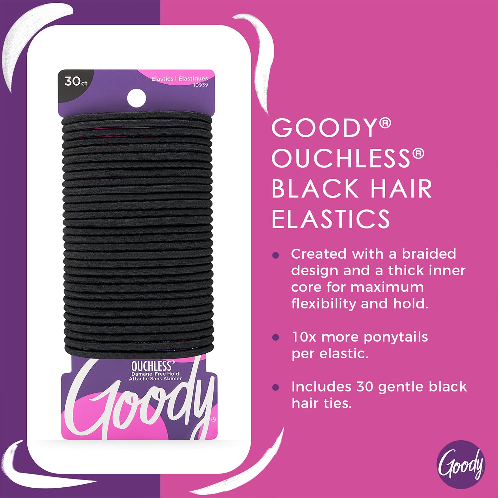 Goody Ouchless Womens Elastic Hair Tie - 30 Count, Black - 4MM for Medium Hair- Hair Accessories for Women Perfect for Long Lasting Braids, Ponytails and More - Pain-Free