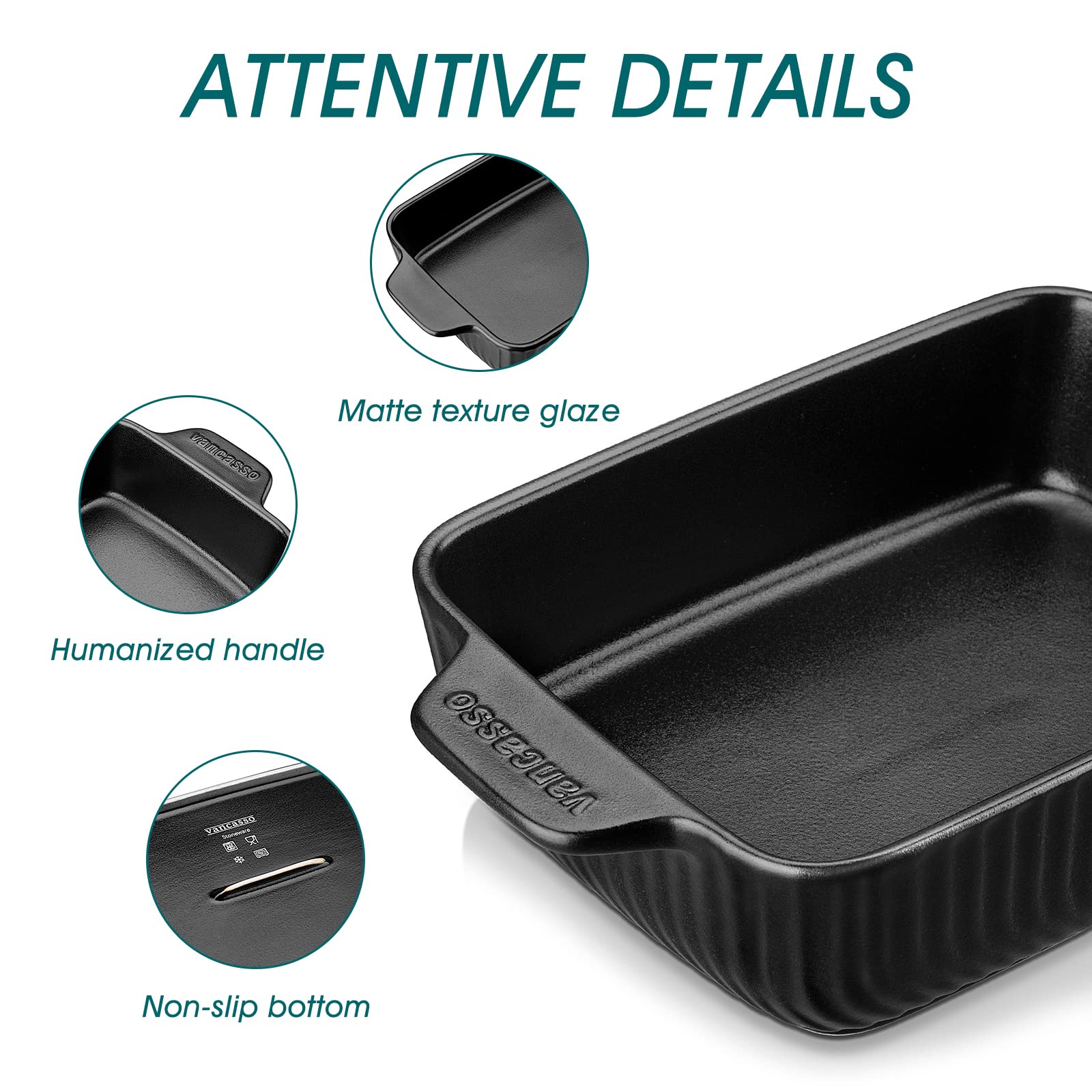 vancasso Forte Baking Dishes, Casserole Dishes for Oven, Rectangular Baking Dish, Lasagna Pan Deep with Handles, Stoneware Bakeware Set for Cooking, Kitchen (3 PCS, Black)
