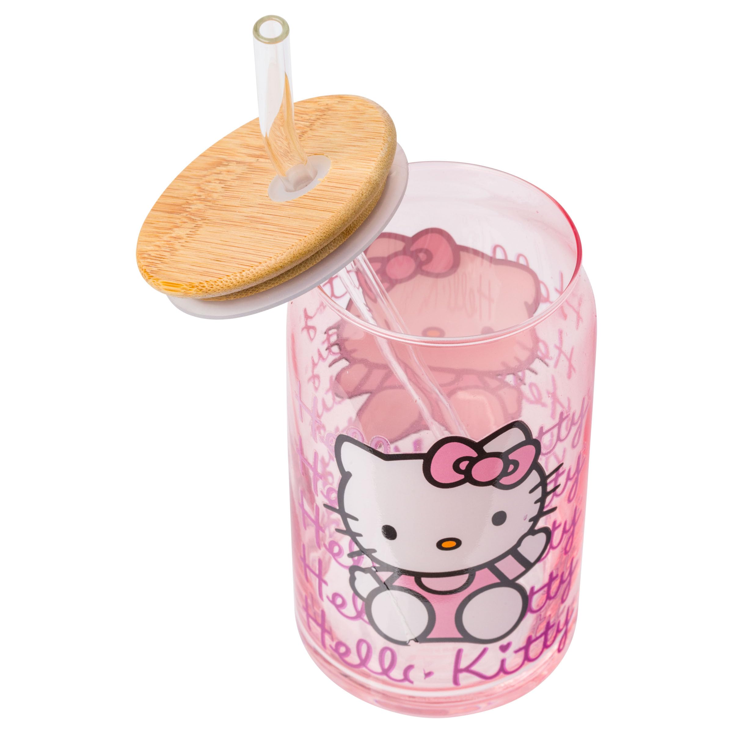 Silver Buffalo Sanrio Hello Kitty Glass Tumbler with Bamboo Lid and Glass Straw, 16 Ounces