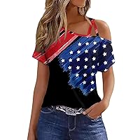 American Flag Stars Shirts for Women 4th of July Patriotic Fashion Casual Sexy Cold Shoulder Short Sleeve Top