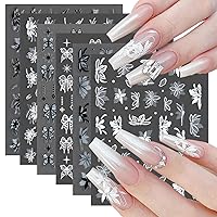 6 Sheets Designer Nail Art Stickers Black White Nail Decals Translucent Flower Bow Nail Designs Stickers 3D Self Adhesive Nail Art Supplies for Women Girls DIY French Manicure Decoration Accessories