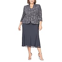 Alex Evenings Women's Plus Size Tea Length Button-Front Jacket Dress, Smoke, 14W