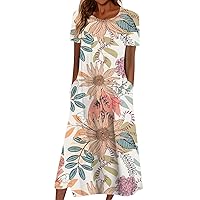 Summer Dresses for Women 2024 Floral Print Casual Fashion Loose Fit with Short Sleeve Round Neck Pockets Dress Khaki Medium