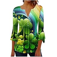 2024 St Patricks Day Tunic Tops Women Green Irish Shamrock Graphic Shirts 3/4 Bell Sleeve Pleated Front Button Tees