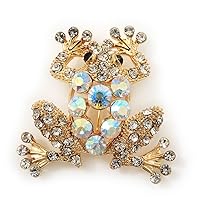 Clear/AB Crystal 'Frog' Brooch In Gold Plating - 3.5cm Length