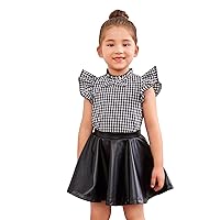 WDIRARA Toddler Girl's 2 Piece Outfits Plaid Mock Neck Cap Sleeve Top and PU Leather Skirt Set