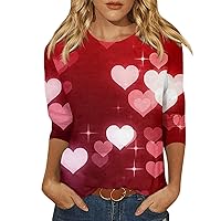 Womens Tops 3/4 Sleeve Shirts Round Neck Loose Casual Blouses Valentine's Day Heart Print Tshirts Shirts for Women