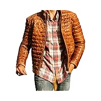 Mens Leather puffer Jacket Real Lamb Skin Distressed Brown Goosy Down Jacket