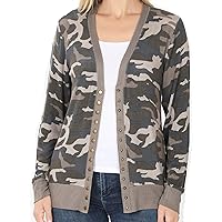 Women Long Sleeve Camouflage Snap Button Cardigan Jacket Sweater Open Front