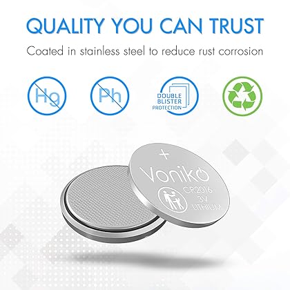 Voniko 3 Volt 2016 Battery 6 Pack – Button Cell 2016 Batteries – Lithium CR2016 3 Volt Coin Battery – Child-Protection Packaging, 7 Years Shelf Life