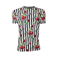 Vintage Cherry Leaf Mono Stripes Retro Print V-Neck T-Shirt
