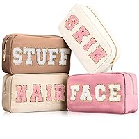 4 Pcs Preppy Makeup Bag Chenille Letter Nylon Cosmetic Bag Makeup Organizer Bag Toiletry Cosmetic Case Preppy Bag with Zipper Stuff Bag Cosmetic Pouch Makeup Pouch for Women Teen Girl