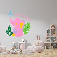 Cute Colorful Elephant in Leaves Design for Baby Wall Decorations for Nursery - Custom Name & Initial Baby Girl Boy Room Sticker - Colorful Kids Name Lettering Decal 35x35 inches inches
