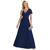 Ever-Pretty Women's A Line V Neck Pleated Short Sleeves Maxi Evening Dresses 11961