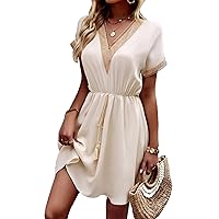 PRETTYGARDEN Women's Casual Summer Dresses Trimmed Short Sleeve V Neck Tie Front Flowy Dress