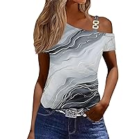 Summer Shirts for Women Cold Shoulder Short Sleeve Asymmetrical Tops Metal Buttons Hollow Blouses Solid Color Clothes