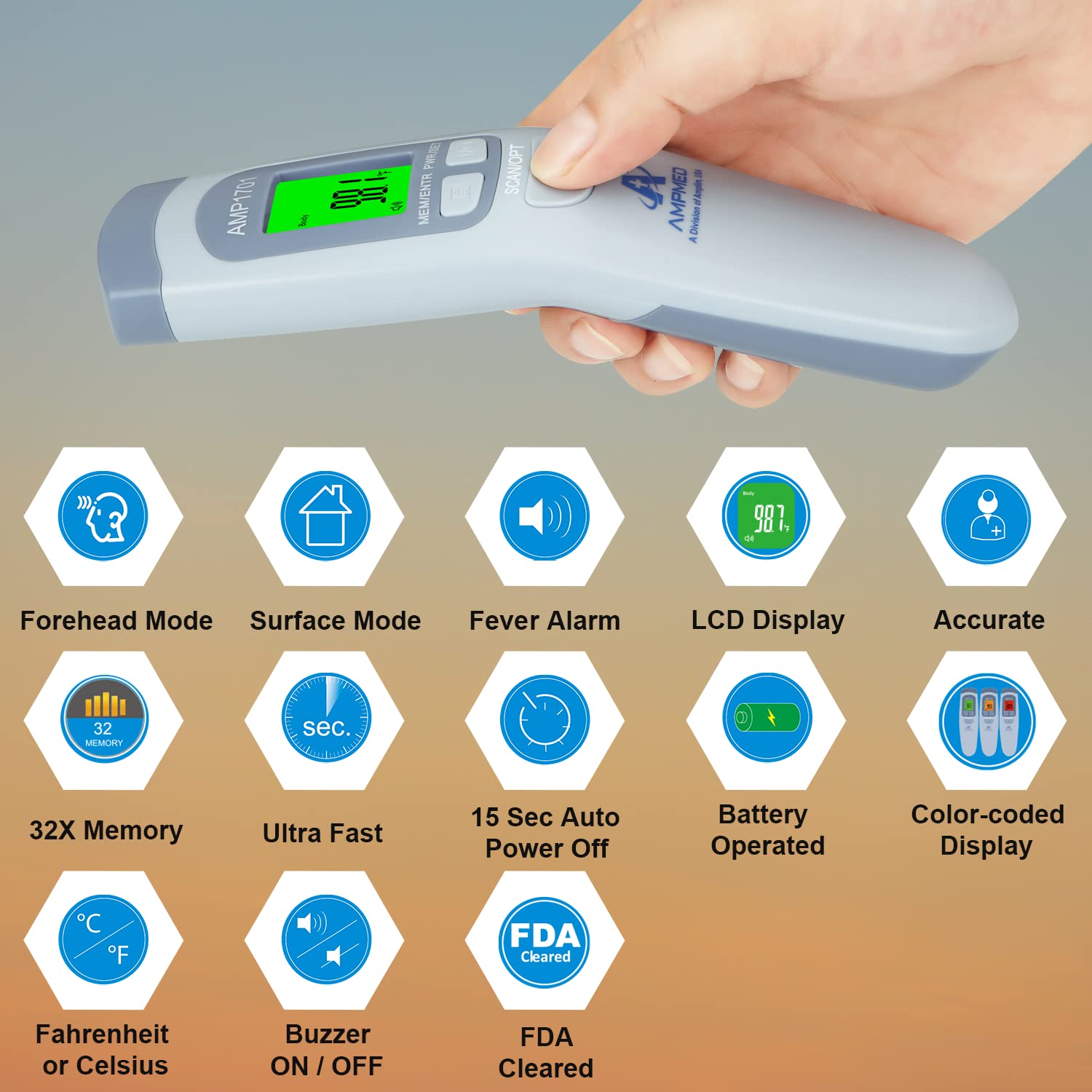 Amplim Bundle of Hospital Medical Grade No Touch Non Contact Digital Infrared Temporal Forehead Thermometer for Adult/Baby/Kid/Toddler/Infant/Nurse
