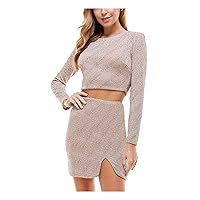 Womens Beige Glitter Long Sleeve Evening Crop Top Juniors 5