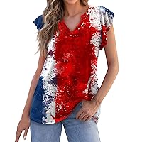 American Flag 4Th of July 2024 Women's Tops Sparkly Star Stripes Notch V Neck Ruffle Short Sleeve Tee Outfits