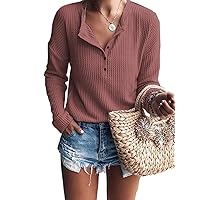 Women's Waffle Knit Tunic Tops Loose Long Sleeve Button Up V Neck Henley Shirts