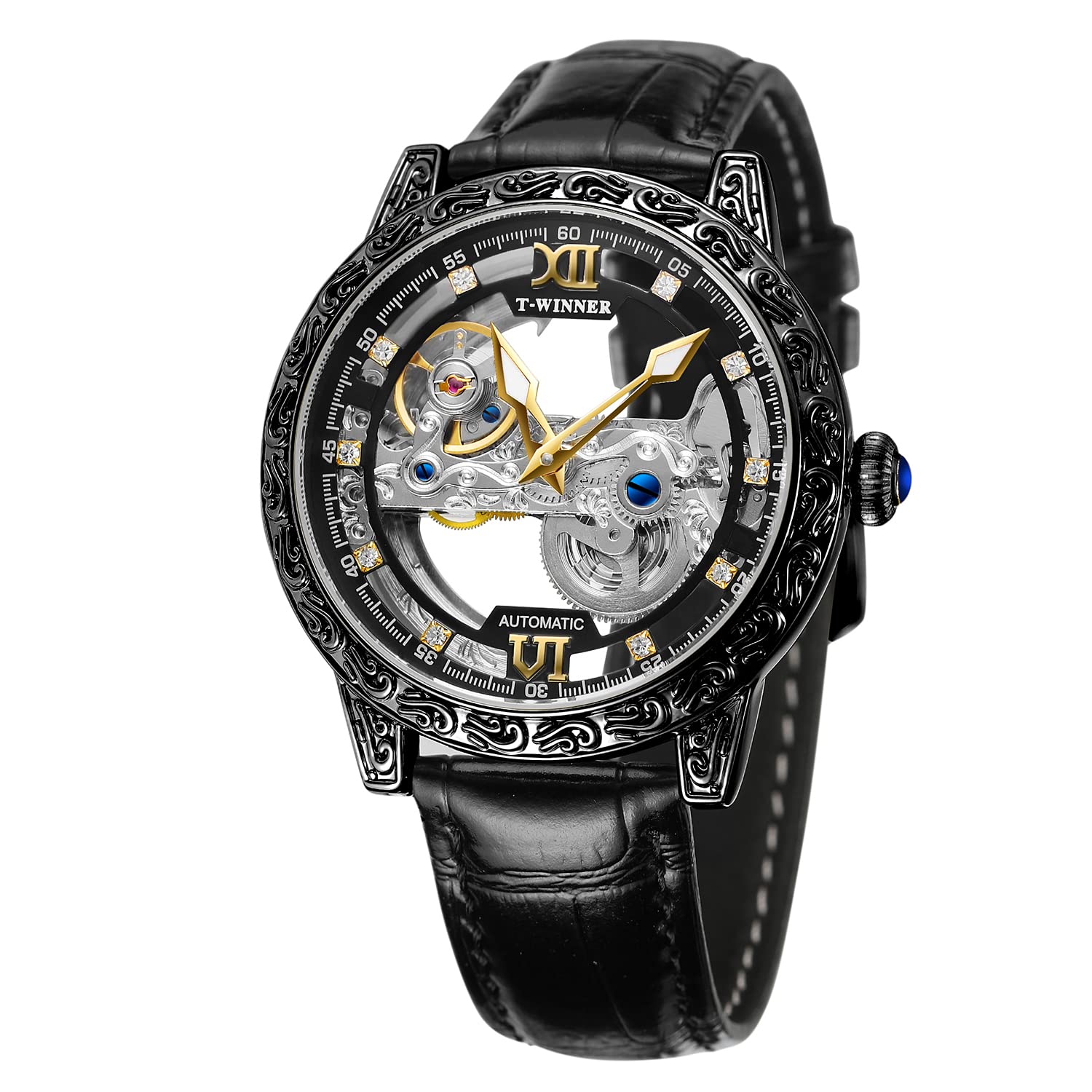 FORSINING Herren-Armbanduhr, einzigartig, automatisch, Luxus-Retro-Lederband, leuchtend, selbstaufziehend, Armbanduhr, Transparent, Mechanisch