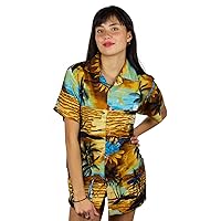 Funky Hawaiian Blouse Shirt Women Very Loud Shortsleeve Casual Front Pocket Button Down Surf Print