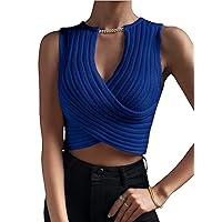 OYOANGLE Women's Solid Chain Criss Cross Deep V Neck Sleeveless Knitted Crop Tank Top