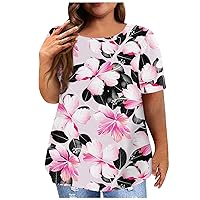 Plus Size Shirts Womens Flower Stone Print Tops Blouse Oversized Short Sleeves Tunic Clothes Round Neck T-Shirts