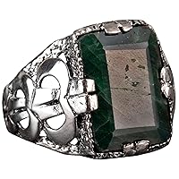 925 Sterling Silver Mens Ring, Real Emerald Natural Gemstone Ring For Men