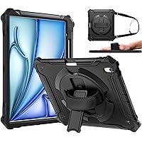 ZtotopCases for New iPad Air 13 inch (M2) Case 2024 with Pencil Holder, Shockproof Full Body Drop Protective Cover with 360° Rotating Hand Strap & Stand, Black