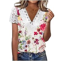 Summer Tops for Women UK Lace Shirts Sale Clearance Casual V Neck T Shirt Shorts Sleeve Tunic Tops Sexy Tops Ladies Tee Shirts Floral Blouses Elegant Blouses