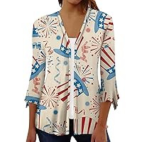 Women's American Flag Shirts 4th of July Cardigan 2024 Fashion Lighweight Kimonos 3/4 Length Sleeve Tops Outerwear