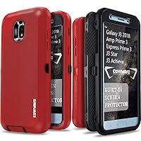 Tri Series Case Compatible with Samsung Galaxy J3 2018/J3 V 3rd/Express Prime 3/Achieve/J3 Star/Amp Prime 3 Heavy Duty Triple Layers Armor Cover Built-in Screen Protector, Red