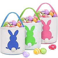 3 PCS Easter Eggs Hunt Basket for Kids Canvas Bunny Basket Egg Bags Rabbit Fluffy Tails Party Celebrate Decoration Gift Toys Carry Bucket Tote