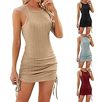 Solid Color Round Neck Sleeveless Drawstring Comfy Dress Fashion Casual Short Elegant Bodycon Summer Dresses for Women