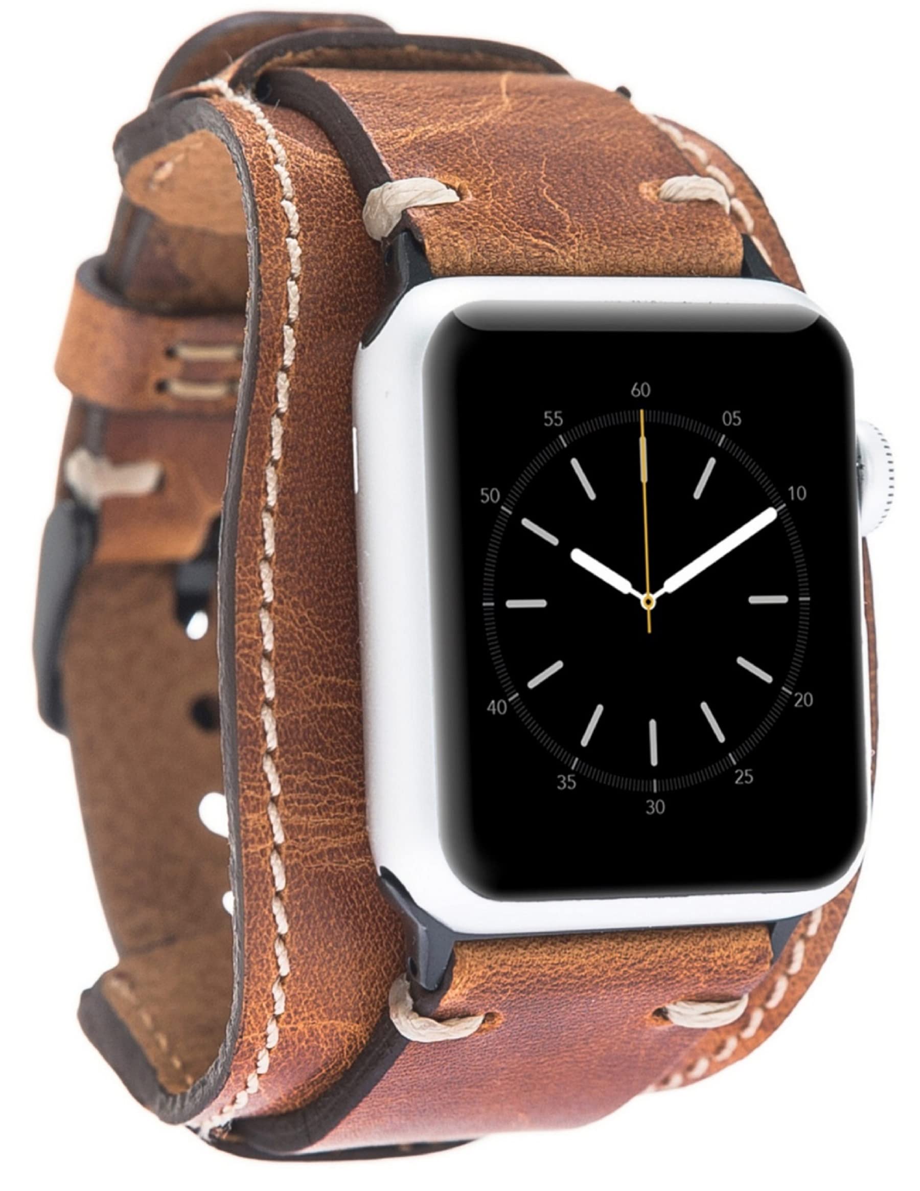 VENOULT Compatible Apple Watch Cuff Bands for iWatch Series 8, Man or Women 45mm, 44mm, 41mm, 40mm, Series 8-1 Dark Brown Genuine Leather Bull Strap, HANDMADE