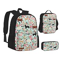 Farm Animal Print Backpack 3 Pcs Set Travel Hiking Lightweight Water Laptop Pencil Case Insulated Lunch Bag