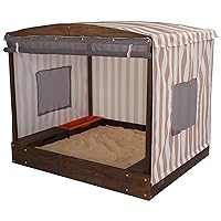 KidKraft Wooden and Canvas Outdoor Cabana Sandbox, Kids Backyard Furniture with Three Storage Bins, Beige & White Stripes, Gift for Ages 2-8