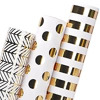 Ribbli Birthday Wrapping Paper White and Gold Gift Wrapping Paper for Christmas Mini Roll, 3 Rolls Polka Dots Stripes Geometry Pattern with Gold Foil - 17 inch x 120 inch(10feet) Per Roll