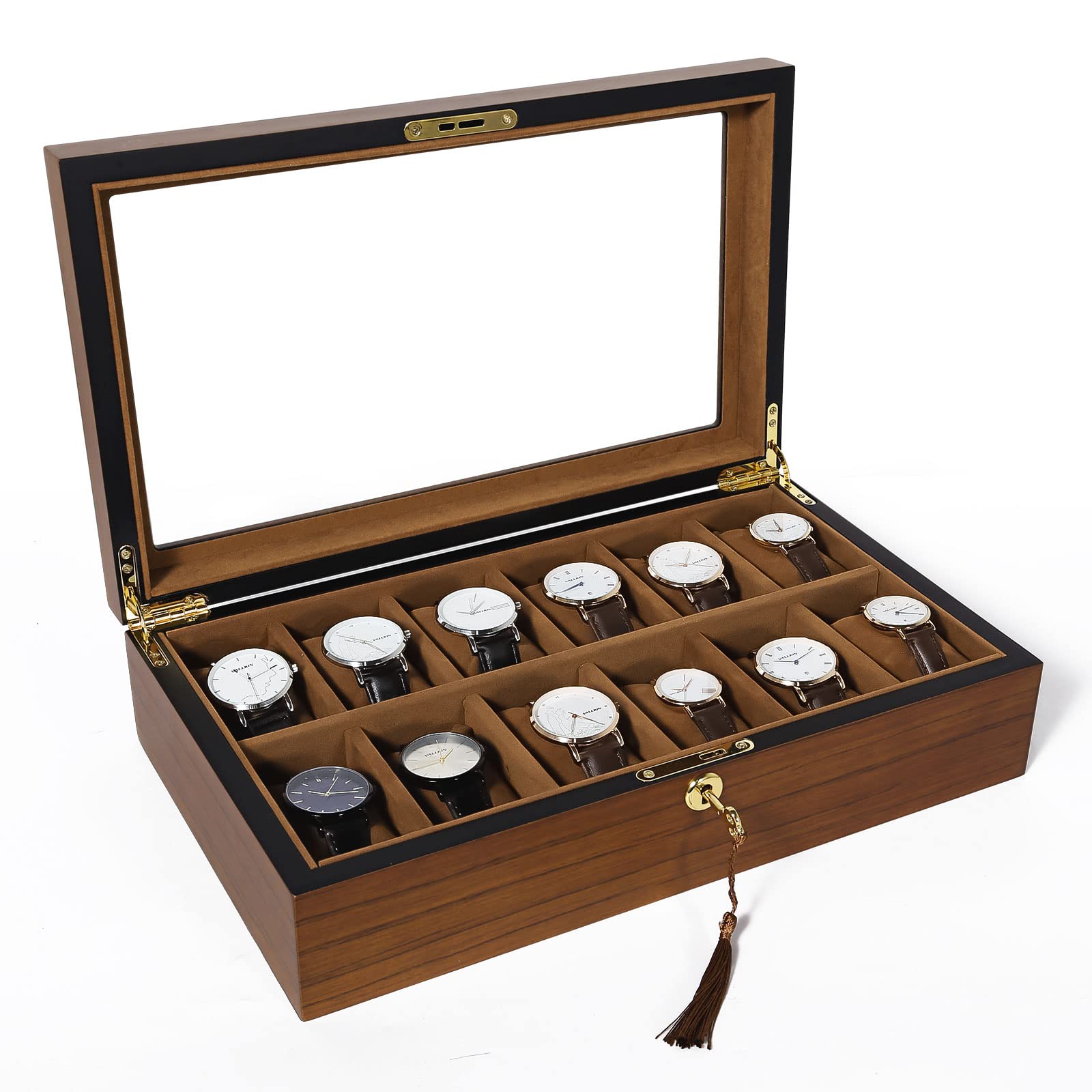 Uten Watch Box with 12 Slots, Watch Case Organizer with Golden Lock and Key, Wooden Watch Display Storage Box with Removable Watch Cushions, Velvet Lining, Metal Clasp, Gift for Men & Women