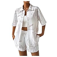 Verdusa Women's 2 Piece Outfit Button Down Oversized Blouse Top and Shorts Set