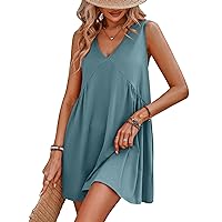 Flygo Summer Mini Dresses for Women Babydoll Dress Sleeveless Flowy Sundress V Neck Loose Dress with Pockets(Bluegrey-M)