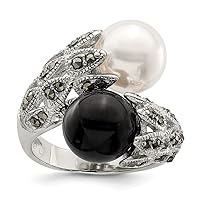 925 Sterling Silver Polished CZ Cubic Zirconia Simulated Diamond Black White Freshwater Cultured Pearl Ring Jewelry for Women - Ring Size Options: 6 7 8