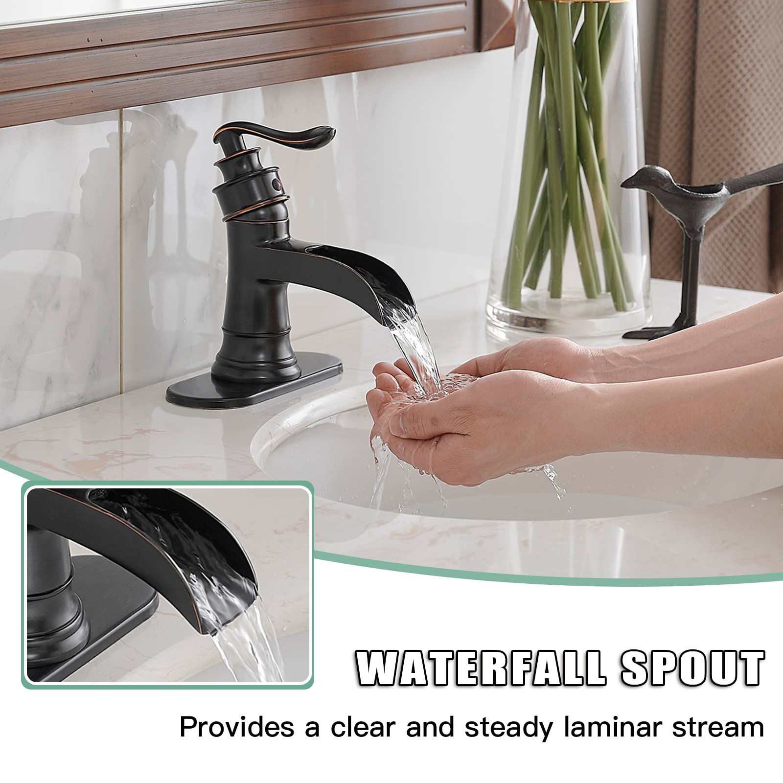 BWE Waterfall Bathroom Faucet Oil Rubbed Bronze Single-Handle One Hole Sink Faucet Farmhouse Bath Vanity Lavatory Restroom Faucets Antique