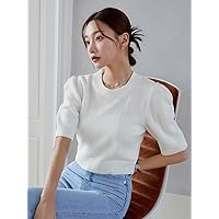 Women's Tops Shirts for Women Sexy Tops for Women Solid Puff Sleeve Crop Knit Top Tops (Color : White, Size : Small)