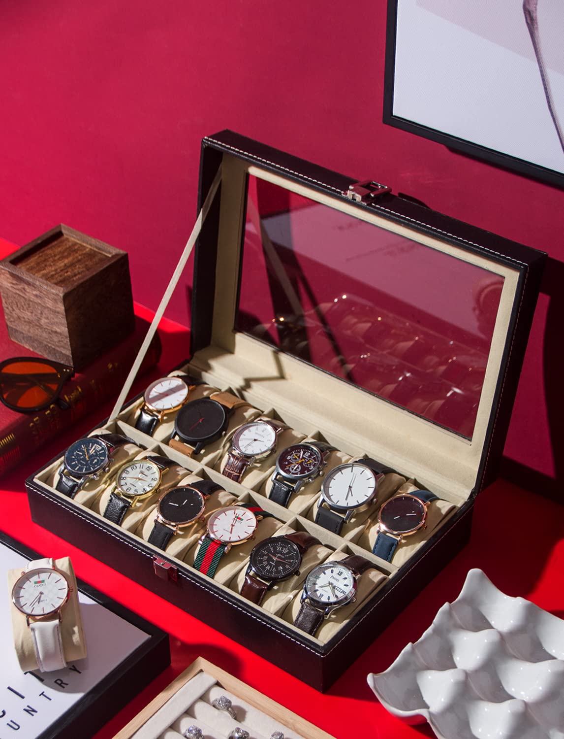 Ausalivan Watch Case,Watch Holder Organizer Box,12 Grid Watch Storage Display Tray, Black Jewelry Travel Box For Men