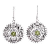 NOVICA Handmade .925 Sterling Silver Peridot Dangle Earrings from India Green Birthstone Sun [1.7 in L x 0.9 in W x 0.3 in D] 'Green Suns'