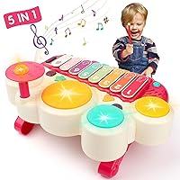 Baby Musical Toys, 5 in 1 Toddler Drum Set Electronic Piano Keyboard Xylophone with Lights, Music Instruments Learning Toys Gifts for Boys Girls 1 2 3 Years Old